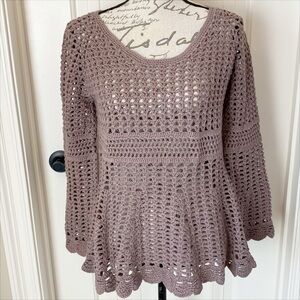Pure Handknit Crochet Open Knit Peplum Top in Brown Boho Style